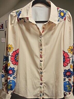 Cream Floral-Accent Button Down Blouse